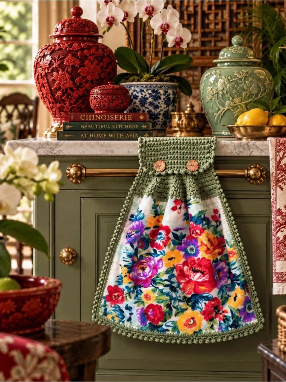 Pioneer Woman Floral Sage Green Crochet Hanging Kitchen Towel